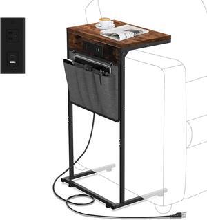 C Shaped End Table with Charging Station, Small Couch Side Table with Outlet and Storage Bag for Recliner, Slide Under Sofa Tray for Living Room, Bedroom, Rustic Brown