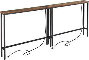 ELYKEN 2 Pack 5.9" Narrow Console Sofa Table with Power Outlets, 5.9" D x 39.4" W x 31.1" H Long Couch Table with Metal Frame and Charge Station with 6.5 Extension Cord, Rustic Brown