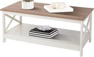 Sophia & William Farmhouse Coffee Table with Storage Shelf for Living Room, Ivory