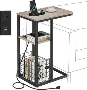 Vagusicc C Shaped End Table with Charging Station, Side Table for Couch, Small Side End Table for Small Spaces, 28" High Slide Under Sofa Table for Coffee, Tv Tray Table for Living Room, Greige