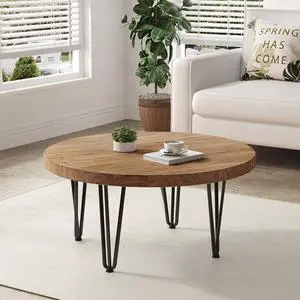Rustic Wood Round Coffee Table with Metal Legs, Solid Elm Wood Top and Non-Slip Feet Pads - Farmhouse Style for Living Room, Natural