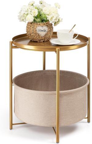 danpinera Round Side Table with Fabric Storage Basket, Metal Small Bedside Nightstand with Removable Tray Top for Living Room, Bedroom, Nursery, Laundry, Gold