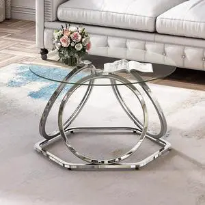 O&K FURNITURE Glass Coffee Table, Modern Silver Coffee Table Living Room Table with Hexagonal Base, Round Coffee Table for Home&Office, Chrome Finish, 1 PC