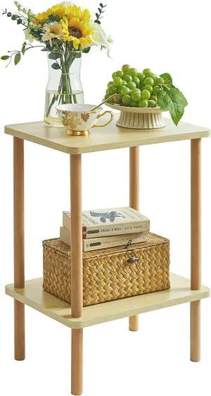 IBUYKE 2-Tier Side Table, Solid Wood Tall End Table with Storage Shelves, Nightstand Bedside Table for Living Room Bedroom Office, No-Tool Assembly, Light Natural UWST002S
