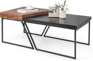 Giantex Stacking Coffee Table Set of 2, Black & Brown Modern Side Table with Powder Coated Metal Legs, Trapezoid Nesting Table for Living Room, Office, Bedroom, Black + Brown