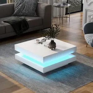 Modern Coffee Table, 2-Tier Square Coffee Table with Plug-in 16-Color LED Lights, High Gloss Coffee Table, Center Table for Living Room, 31.5x31.5x14.2, White