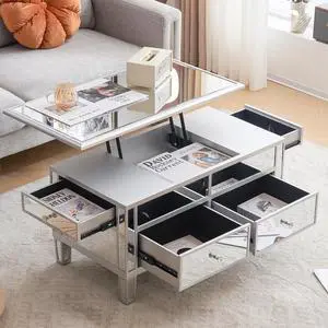 VINGLI Mirrored Lift Top Coffee Table, Assembled Modern Coffee Table with Drawers for Living Room (Silver, 35'' x 19'' x 18'')