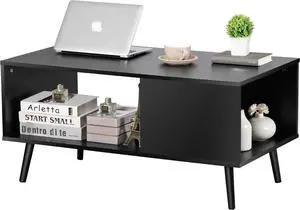 ZenStyle Mid Century Modern Coffee Table, Wooden Retro Coffee Table with Open Storage Shelf for Living Room, Reception, Easy Assembly (Black)