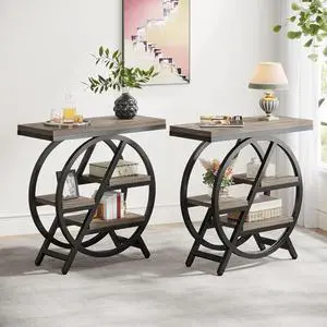 Tribesigns End Table for Living Room, 3-Tier Narrow Side Table with Storage, Wood Sofa Side Table with Geometric Metal Frame, Industrial Nightstand and Bedside Table for Bedroom