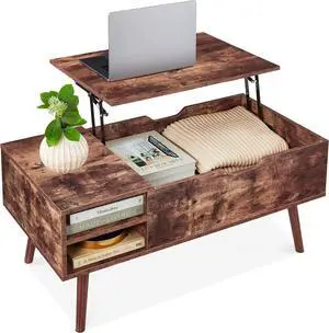Best Choice Products Lift Top Coffee Table, Wooden Mid-Century Modern Multifunctional Accent Table for Living Room w/Hidden Storage, 2 Cubbies, Removable Shelf - Brown