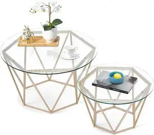 ivinta Round Nesting Coffee Table Set of 2, Modern Coffee Tables with Tempered Glass and Metal Frame for Living Room, Diamon (Clear and Gold)