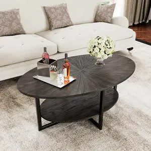 Solid Wood Oval Coffee Table with Cross Metal Legs, 43.3in Modern Industrail Center Table with Open Shelf Cocktail Tea Table for Living Room Bedroom, Rustic Black 1811BK