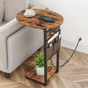 Vagusicc C Shaped End Table with Charging Station, Small Side Table for Couch, TV Tray Table Slide Under Sofa Table for Living Room Bedroom, Round Couch Side Table C Table for Sofa, Rustic Brown