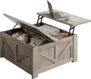 Yaheetech Lift Top Coffee Table, Square Farmhouse Coffee Table with Hidden Storage Compartment, Wood Center Table for Living Room, Home Office, Gray