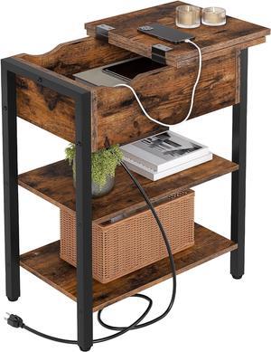 HOOBRO End Table with Charging Station, Narrow Side Table, Flip Top Nightstand with USB Ports and Outlets, Bedside Tables with Shelf for Small Spaces, Living Room, Rustic Brown BF341BZ01