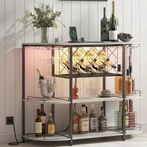 Wine Cabinet Coffee Table with Power Socket and LED Light, Three Tiers Coffee Bar Table Wine Rack Liqour Bar with Large Storage for Home Kitchen (Grey)