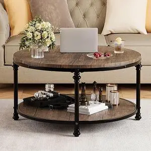 IDEALHOUSE Round Coffee Table for Living Room Rustic Center Table with Storage Shelf Wood Circle Coffee Table with Sturdy Metal Legs, Easy Assembly