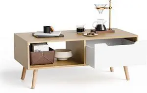 Cozy Castle Modern Wooden Coffee Table with Storage, Minimalist Hallway Mid Century Cocktail Table for Living Room Apartment Reception, Oak