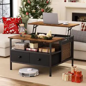 FABATO Lift Top Coffee Table, Square Coffee Table Metal Wood, Farmhouse Lift Up Coffee Table Cocktail Table with Wire Mesh Barn Door and Storage, Steel Frame, Small Tea Table for Living Room, Black