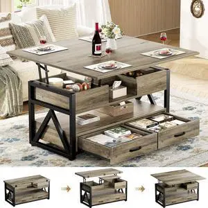 40" Lift Top Coffee Table,4 in 1 Multi-Function Lift Coffee Tables with Storage Drawers and Hidden Compartmen,Farmhouse Coffee Table with Lifting top for Living Room,Grey