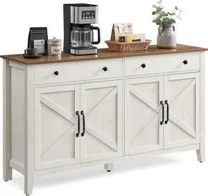 VASAGLE Coffee Bar Cabinet, Kitchen Storage Cabinet with 2 Drawers, Farmhouse Cabinet Sideboard with Adjustable Shelves for Kitchen, Rustic White and Honey Brown UBBK381W01
