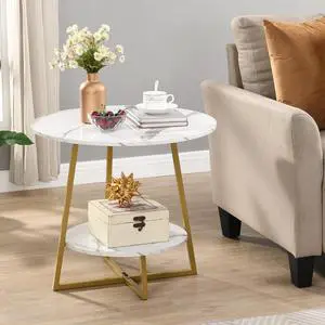 D&H FURNIMMT Accent Side Tables Living Room, 22" Modern Round End Table with Metal Frames, Bedside Round Nightstand, Small Coffee Table for Small Spaces, White Faux Marble/Gold