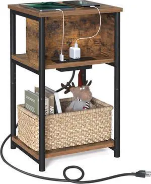 VASAGLE Side Table with Charging Station, 3-Tier End Table with USB Ports and Outlets, Nightstand for Living Room, Bedroom, 11.8 x 13.4 x 22.8 Inches, Plug-in Series, Rustic Brown and Black