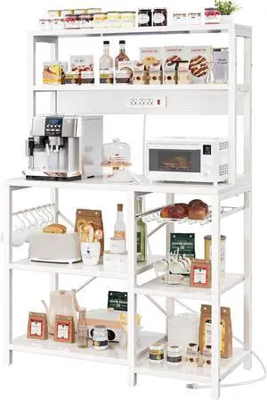 SUPERJARE Bakers Rack with Power Outlet, 35.4 Inches Coffee Bar with Wire Basket, Kitchen Microwave Stand with 6 S-Shaped Hooks, Open Storage Shelves, White