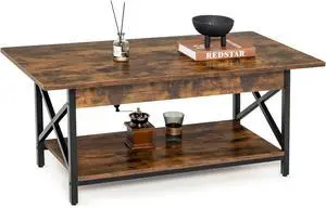 COSTWAY Industrial Coffee Table, 2-Tier Wood Cocktail Tea Table with Storage Shelf and X-Shape Steel Frame, Rectangle Sofa Side Accent Table for Living Room Home Office, Rustic Brown