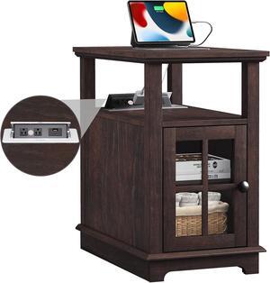 HIFYOBRO Narrow End Table with Flip Top Charging Station, Storage Side Table, Adjustable Shelf, Type-C & USB Port & Power outlets, Narrow Table with Storage for Living Room and Bedroom