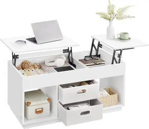 VASAGLE Coffee Table, Lift Top Coffee Table with 2 Drawers and Hidden Compartments, Center Table with Lift Tabletop, Open Compartments, for Living Room, Home Office, Snow White ULCT210W01 VASAGLE Coffee Table, Lift Top Coffee Table with 2 Drawers and Hidden Compartments, Center Table with Lift Tabletop, Open Compartments, for Living Room, Home Office, Snow White ULCT210W01