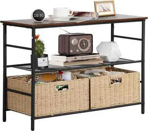 VECELO Industrial Console Table with 2 Wicker Basket Storage, Rustic Narrow Sofa Tables for Hallway Living Room, Corridor, Easy Assembly, Wide 2-Tier, Retro Brown