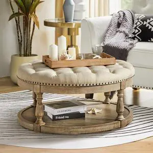 HULALA HOME Large Round Ottoman Coffee Table 2-Tier Oversized Button Tufted Ottoman with Wood Shelf Storage Farmhouse Upholstered Coffee Table for Living Room Footrest Ottoman, Linen