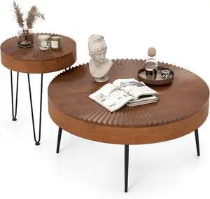 COSTWAY Farmhouse Round Coffee Table Set of 2, Rustic Sofa Side Tea Tables w/Wood Finish, Metal Frame, Adjustable Foot Pads, Nesting End Table Set for Living Room, Bedroom (Radial Pattern, Brown)