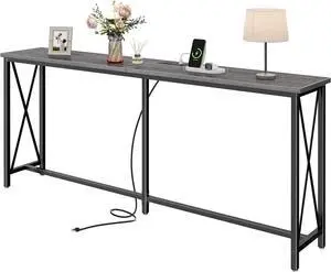 SUPERJARE 70 Inch Console Table with Outlet, Extra Long Sofa Table with Charging Station, Couch Table Behind Sofa, Foyer Tables for Entryway, Living Room - Gray