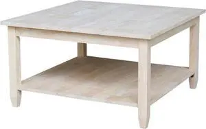IC International Concepts, Solano Square Coffee Table, Solid Real Wood, Sturdy Parawood, Living Room/Family Room/Entryway, 32"W x 32"D x 18"H with Shelf, Paint/Stain Ready, Unfinished