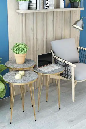 PAK HOME Set of 3 Nesting End Tables Round Wood Stacking Coffee Side Accent Sofa Table with Metal Legs for Living Room, Home Office, Nightstands for Bedroom (Grey Marble/Gold Legs)