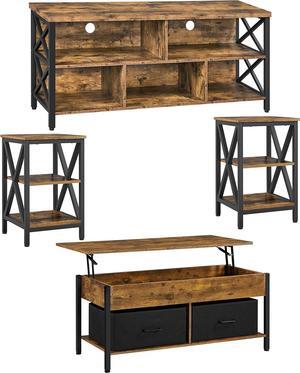 Yaheetech Industrial 4 Pieces Living Room Table Set - Includes TV Stand for up to 65 in TV, Lift-top Coffee Table with Fabric Baskets, 3-Tier End Table 2 Set, Rustic Brown