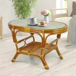 Pelangi Oval Coffee Table Colonial Color with Glass Top Natural Rattan Wicker ECO Handmade Design