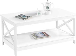 Yaheetech Simple X-Design Cocktail Coffee Table with Storage Shelf, Farmhouse 2-Tier Center Table for Living Room Office, Sturdy Structure, White