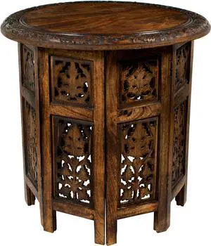 COTTON CRAFT Solid Wood Accent End Table - Hand Carved Vintage Boho Folding Side Table - Small Spaces Entryway Farmhouse Living Room Bedside - No Tools Assembly -18x18 Round - Jaipur Antique Brown