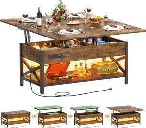Aheaplus Coffee Table Lift Top with LED Light and Power Outlet, Multi-Function Coffee Table Converts to Dining Table, Center Table with Shelves for Living Room Reception Home Office, Rustic Brown
