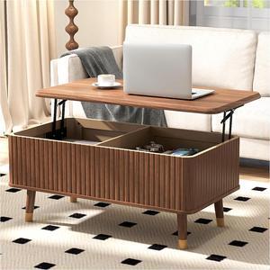 Fluted Lift Top Coffee Table with Storage Shelf & Hidden Compartment, Mid Century Modern Rectangle Dining Table for Living Room, Home Office, Walnut