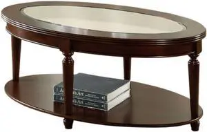 Furniture of America Claire Traditional Oval Tempered Glass Top Coffee, Cocktail Table, with Storage Shelf for Living Room, Dark Cherry Finish