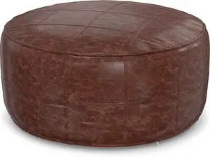 SIMPLIHOME Connor 34 Inch Boho Round Coffee Table Pouf in Distressed Brown Genuine Leather, for The Living Room, Bedroom and Kids Room