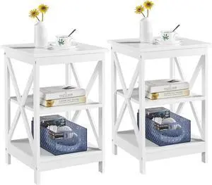 Yaheetech End Tables Set of 2, 3-Tier Side Tables with Storage for Living Room, Sturdy X Design Wooden Large Sofa Side Table Storage Cabinet with Shelves, 16x16x24(LxWxH), White
