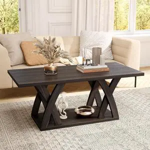 Farmhouse Coffee Table with Shelf, Wood Coffee Table for Living Room, Open Display Area,47 Dark Brown
