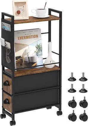Small Side End Table with Drawer for Small Spaces, Narrow Slim Nightstand Bedside Sofa Table with Wheels, Space Saving Skinny Thin Couch Coffee Desk with Storage Bag for Bedroom Living Room