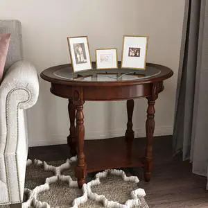 PADMA HOUSE Traditional Solid Wood Oval End Table with Tempered Glass Top Side Table for Living Room Bedroom,Cherry Walnut