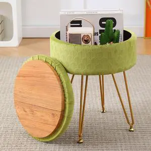 Cpintltr Velvet Storage Ottoman Round Footrest Stool Multifunctional Upholstered Ottoman Modern Accent Vanity Stools Tray Top Coffee Table Suitable for Living Room Bedroom Entryway Macha Green